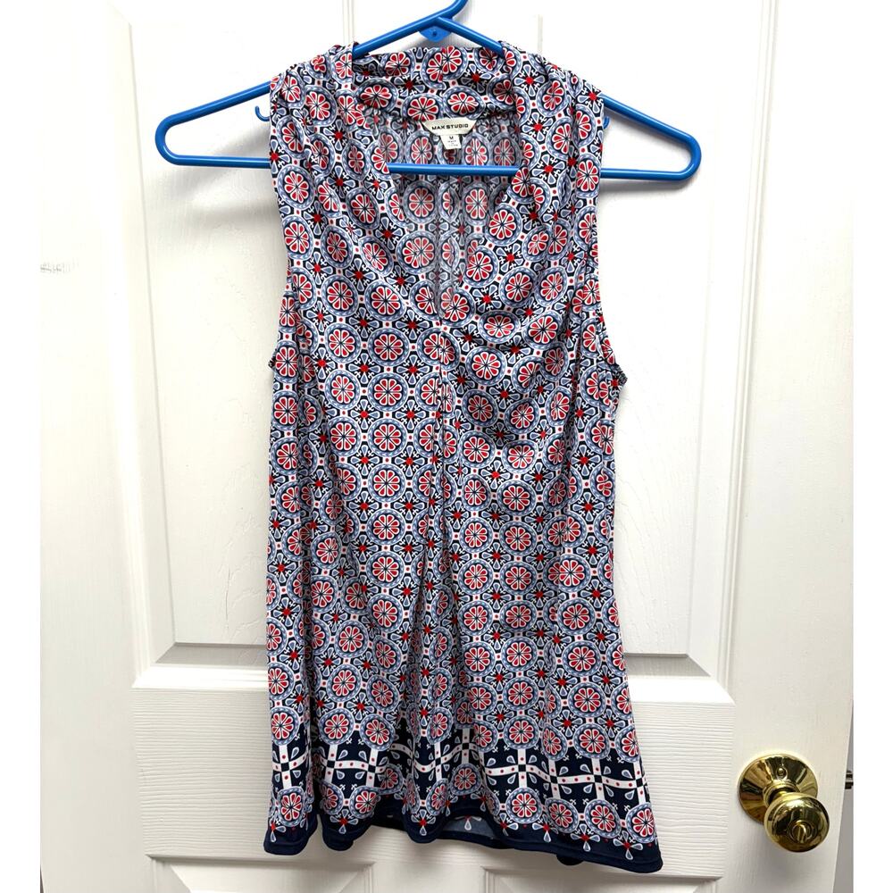 Max Studio Top Red White Blue Sleeveless Blouse, V Neck, Women's Size M